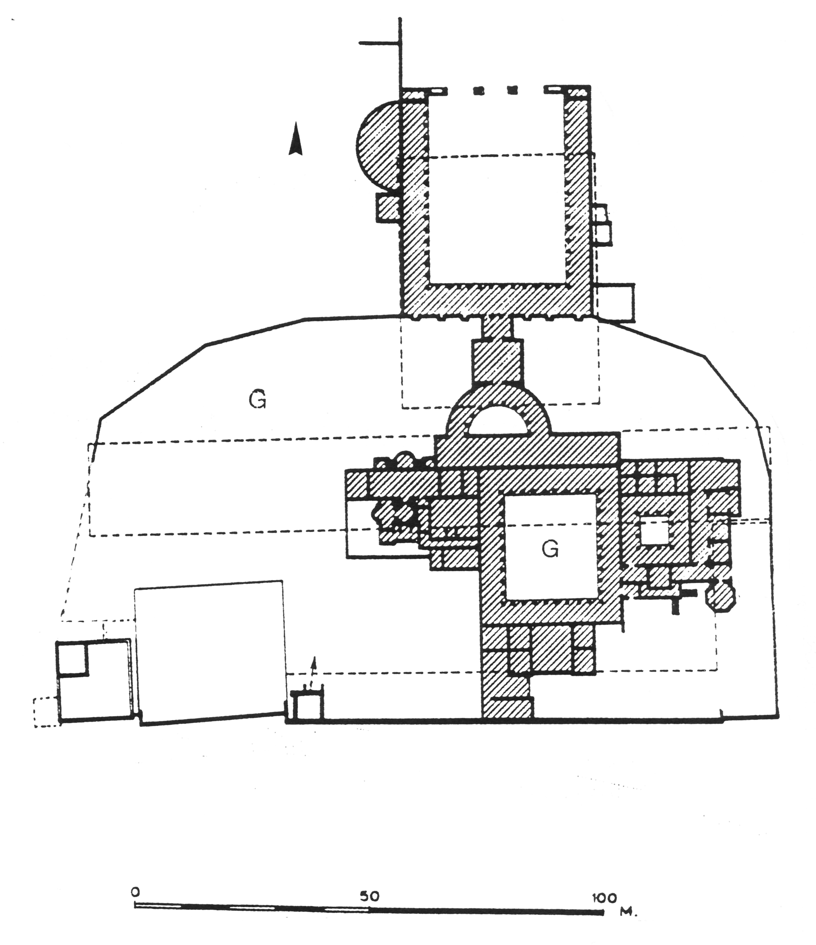 building plan with possible gardens marked, dotted lines for the outlines of earlier buildings.