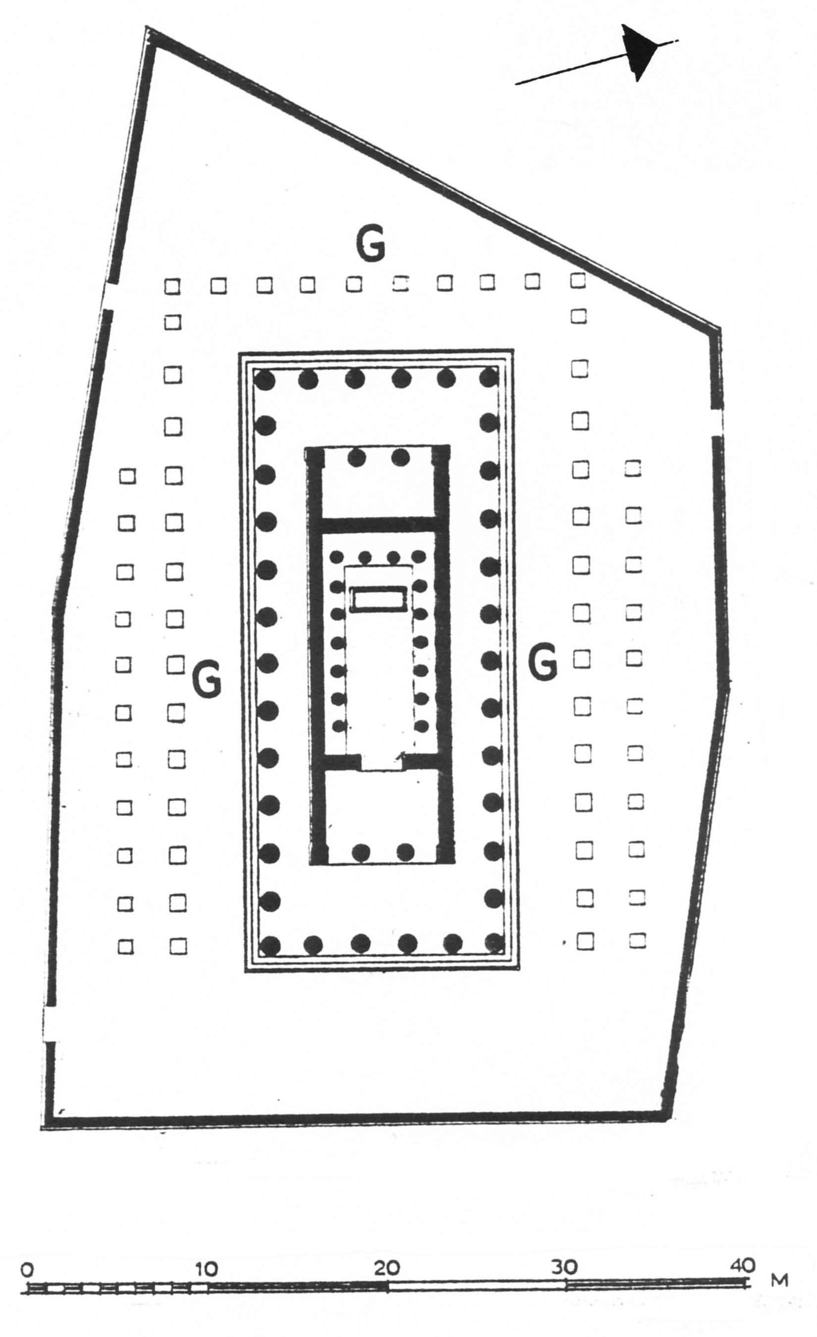 plan of the temple with surviving rows of planting pits marked as open squares