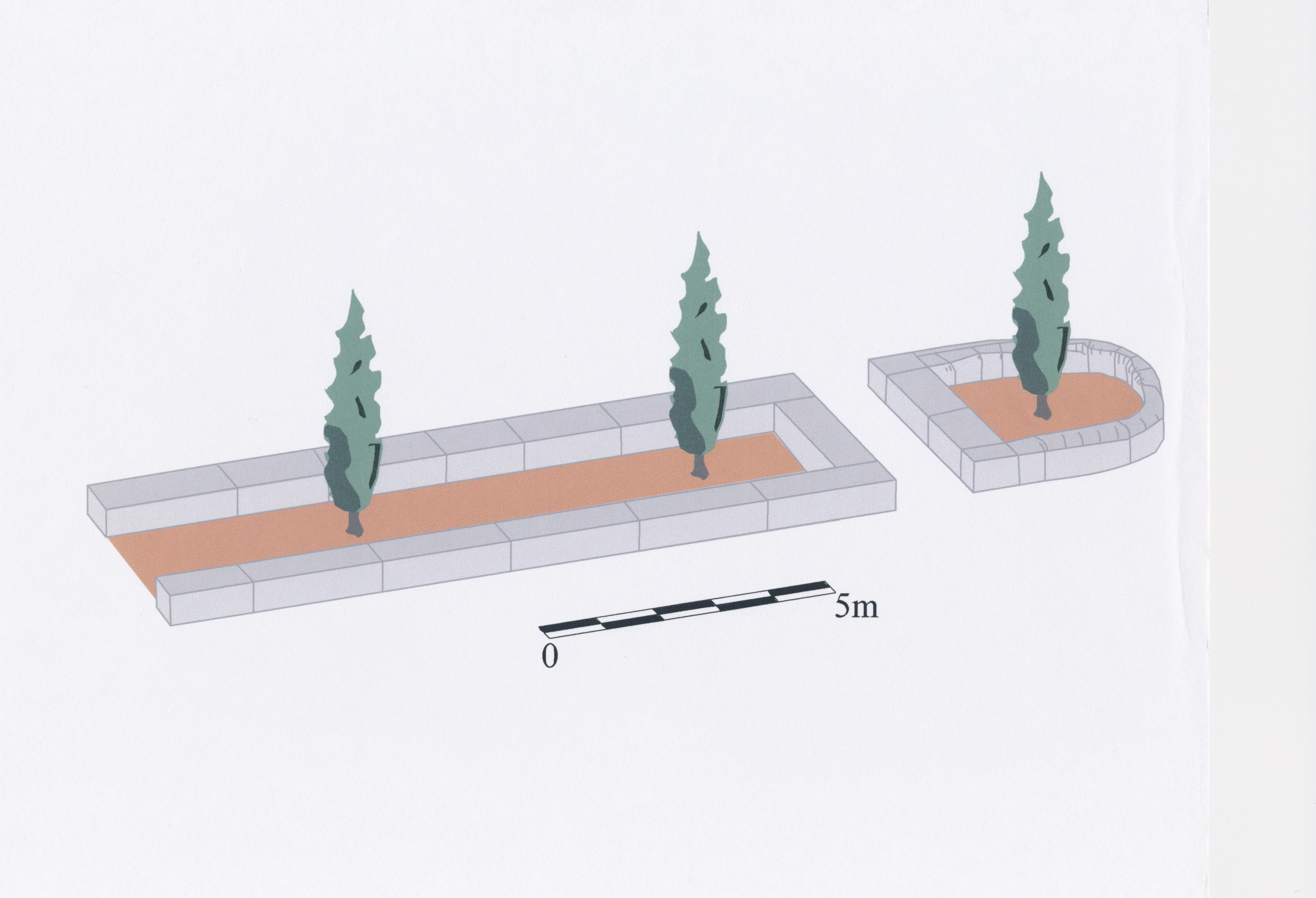 reconstruction drawing of the Roman circus with hypothetical cypress trees planted in the spina and meta