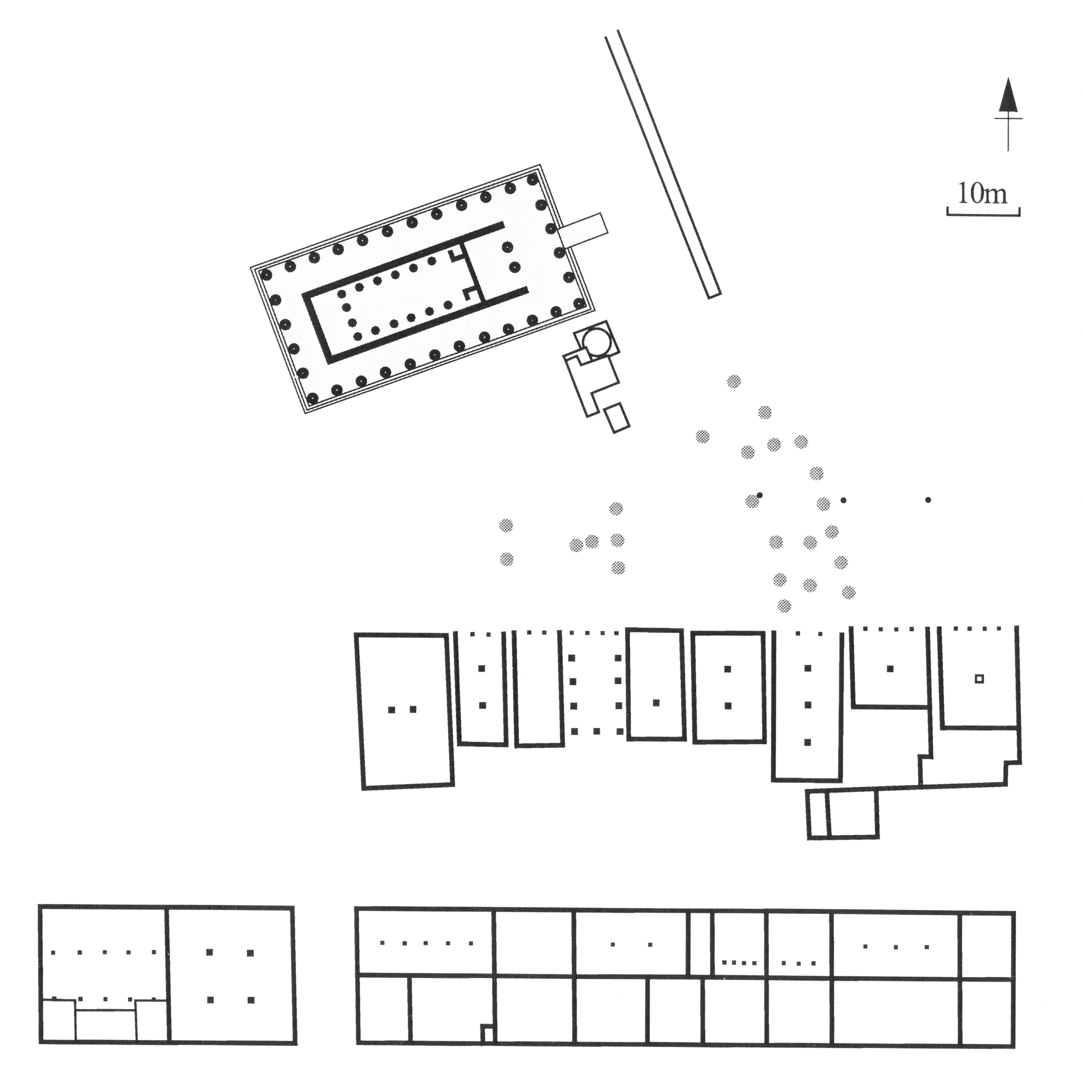 plan of the sanctuary with rock-cut pits for trees (grey circles) between the temple and other sanctuary buildings.