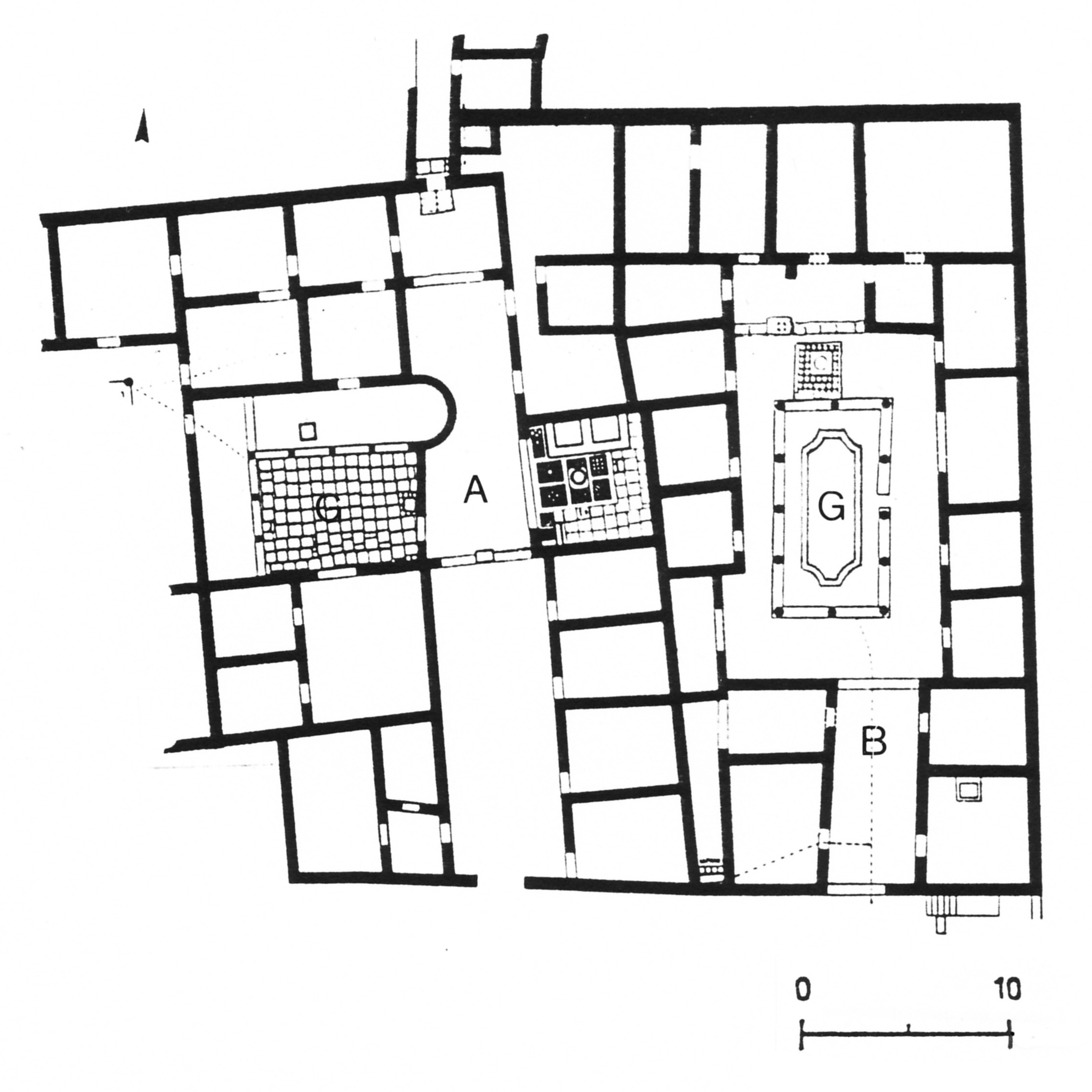 Plan of Guest Houses 1 and 2 with their courtyard gardens.