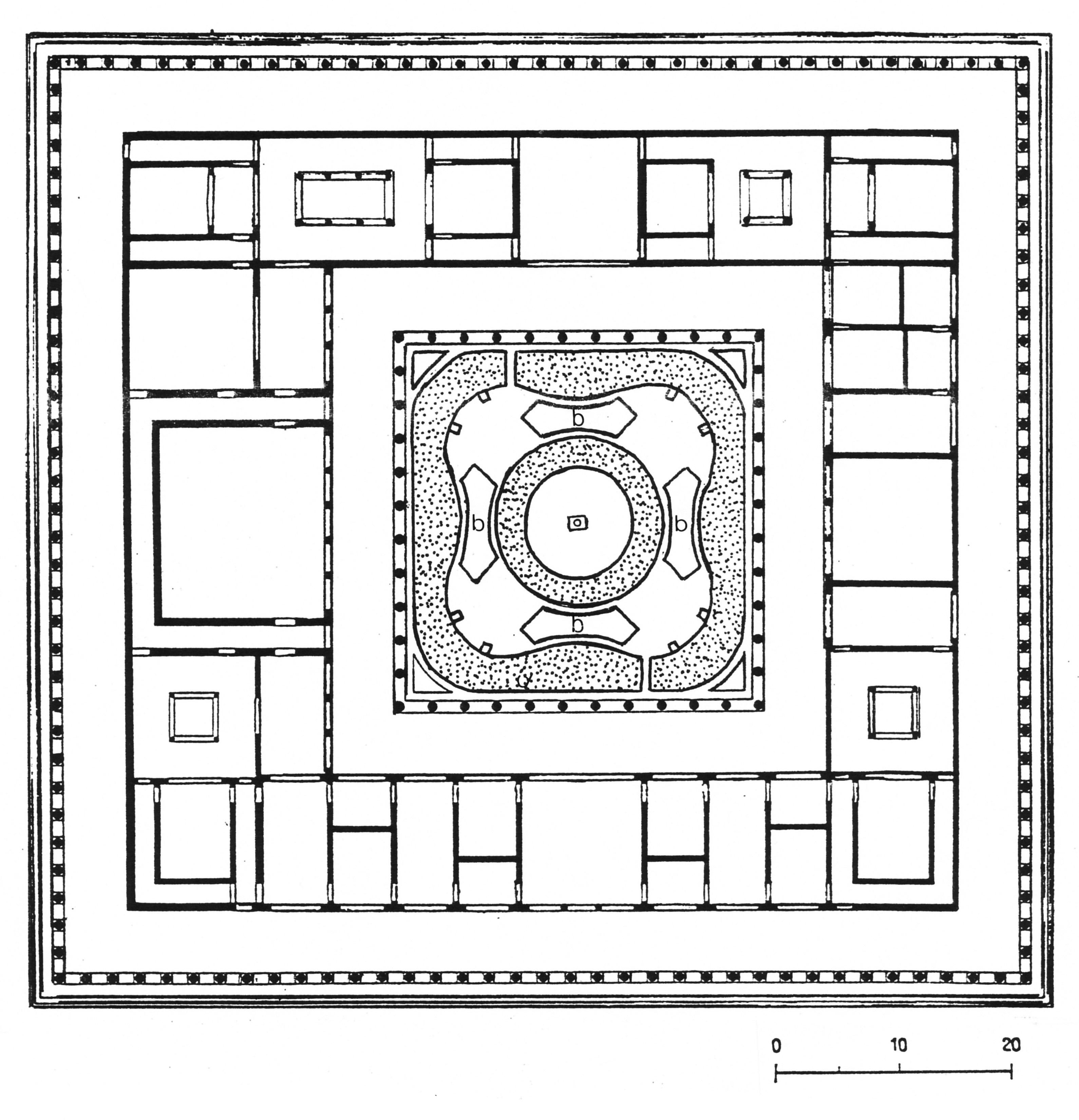 Plan of the Leonidaion with its quatrefoil, circular gardens and planting beds