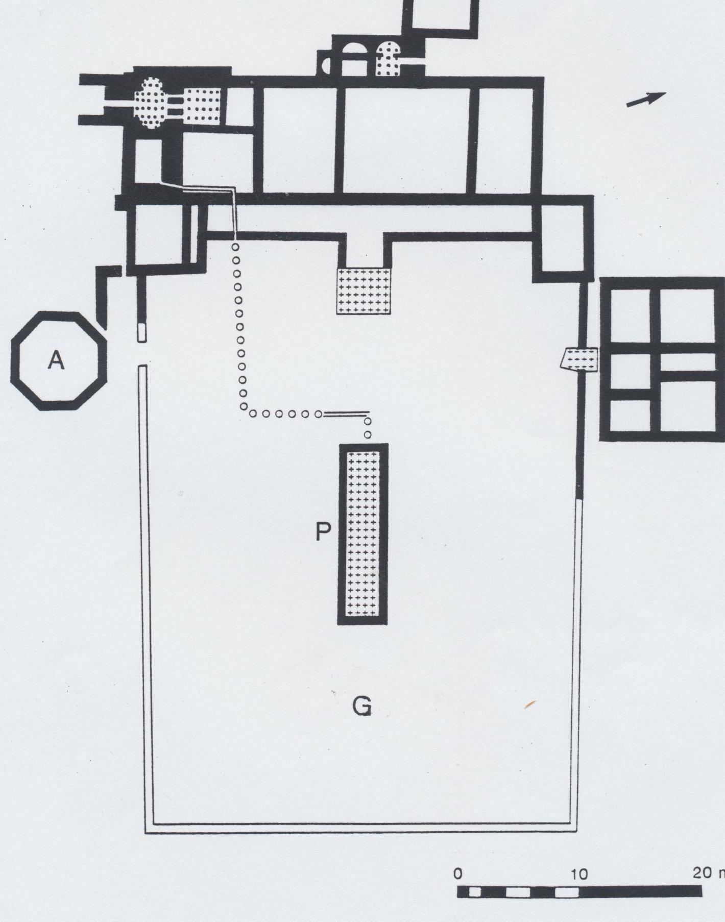 Fig. 1: Plan of the villa with its garden courtyard (G), a central pool (P), and a possible gazebo (A). Adapted from Zeepvat 1991, fig. 5.4.
