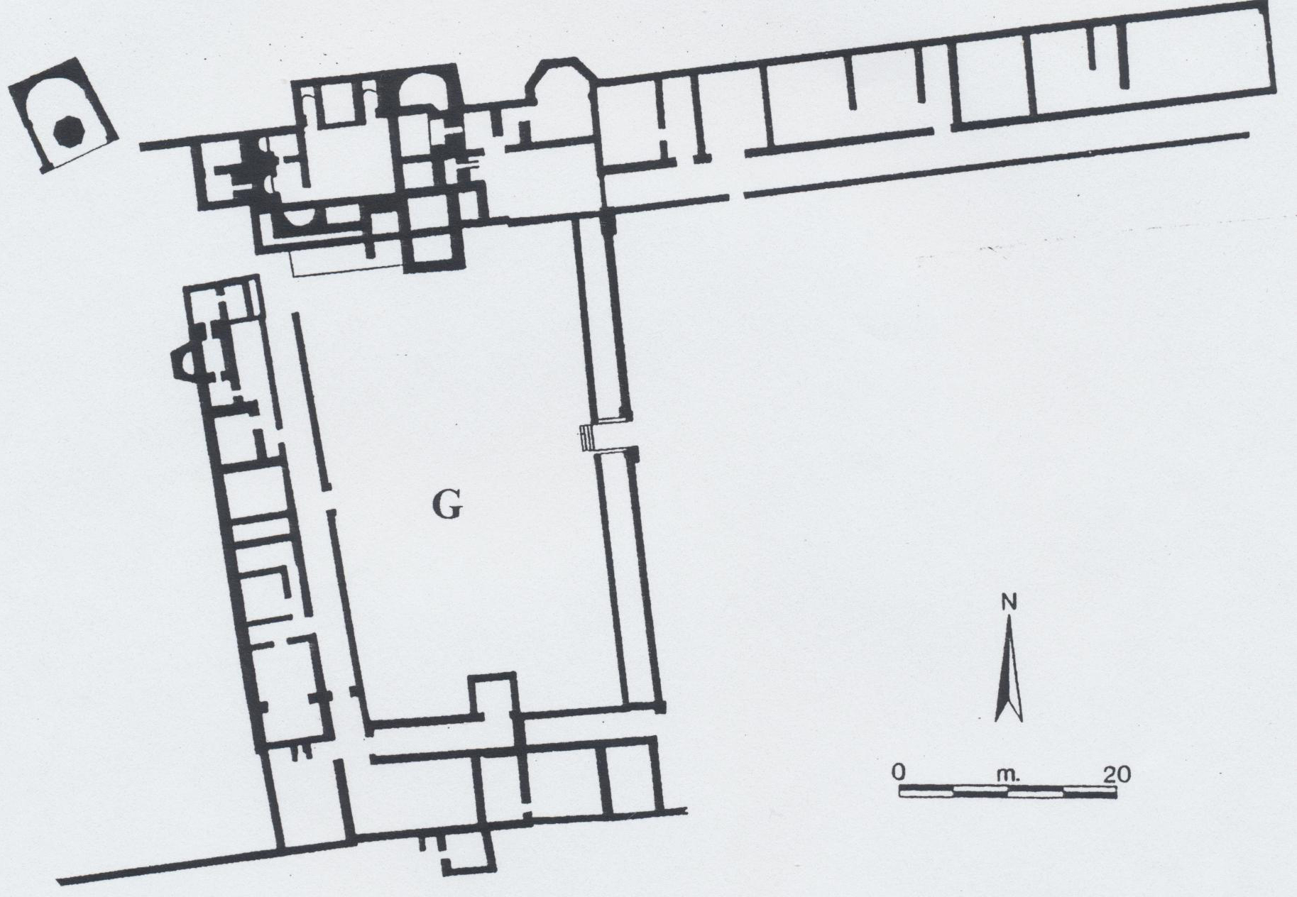 Fig. 1: Plan of the villa and its garden (G) in the courtyard. Plan by M. Carroll and C. Merrony.
