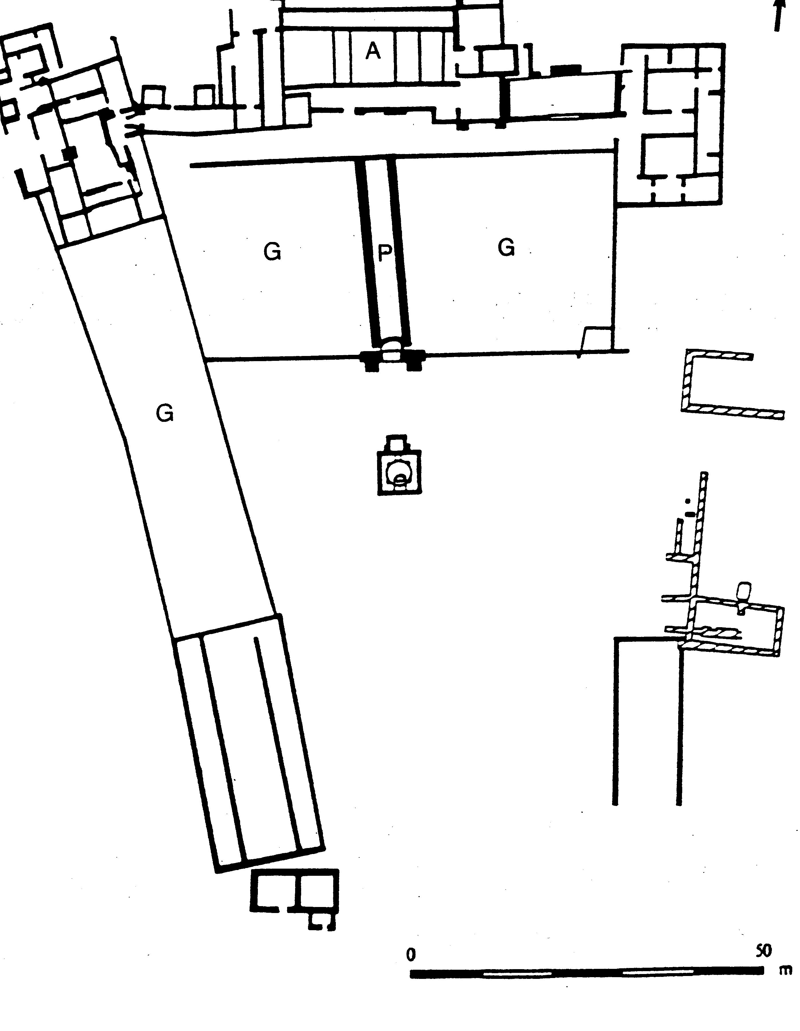 Fig. 1: Plan of the villa with the main house (A), garden areas (G), and a large pool (P). Adapted from Detsicas 1983, fig. 20