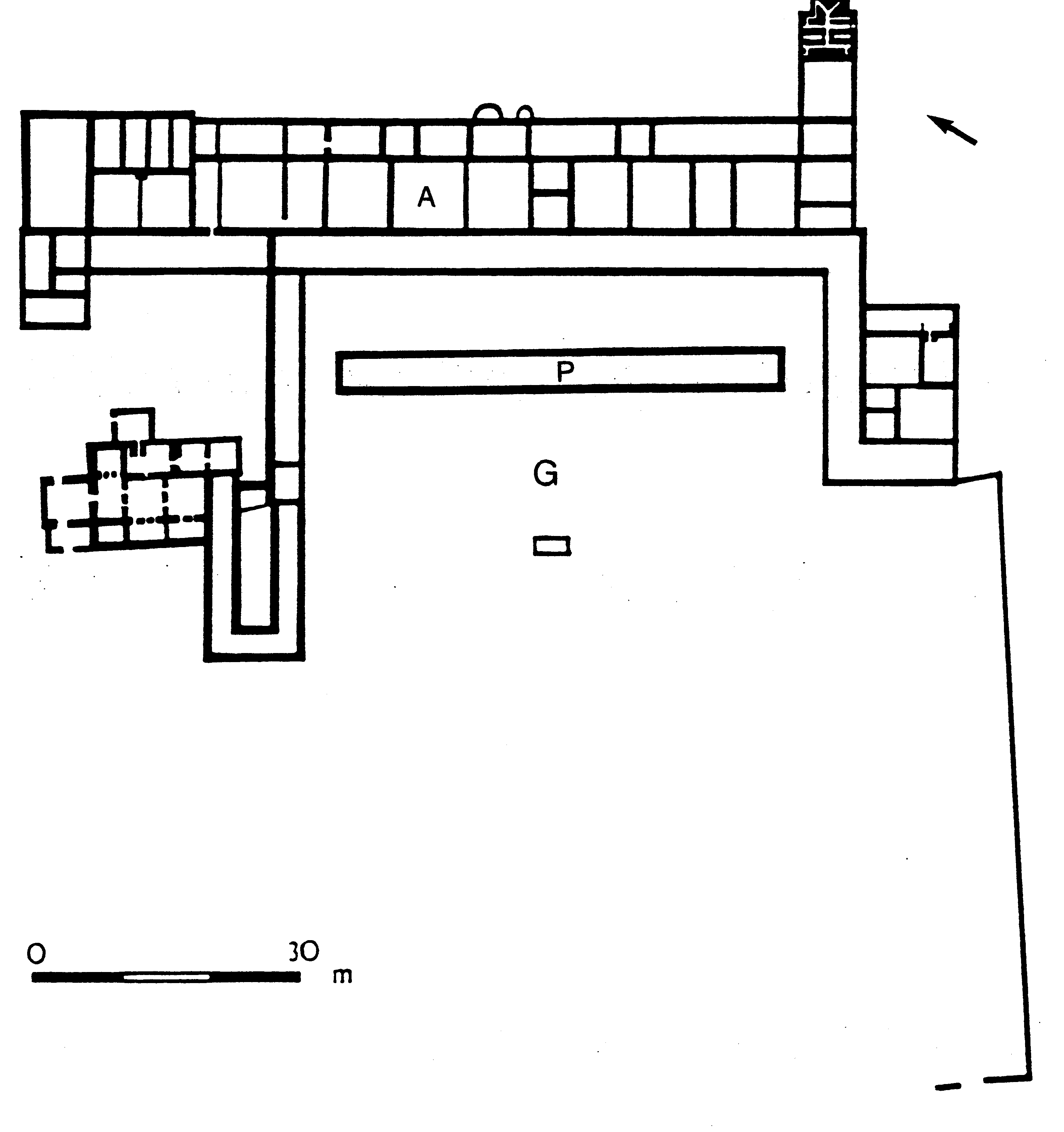 Fig. 1: Plan of the villa with the main house (A), a possible garden (G) and a large pool (P). Adapted from Detsicas 1983, fig. 25.