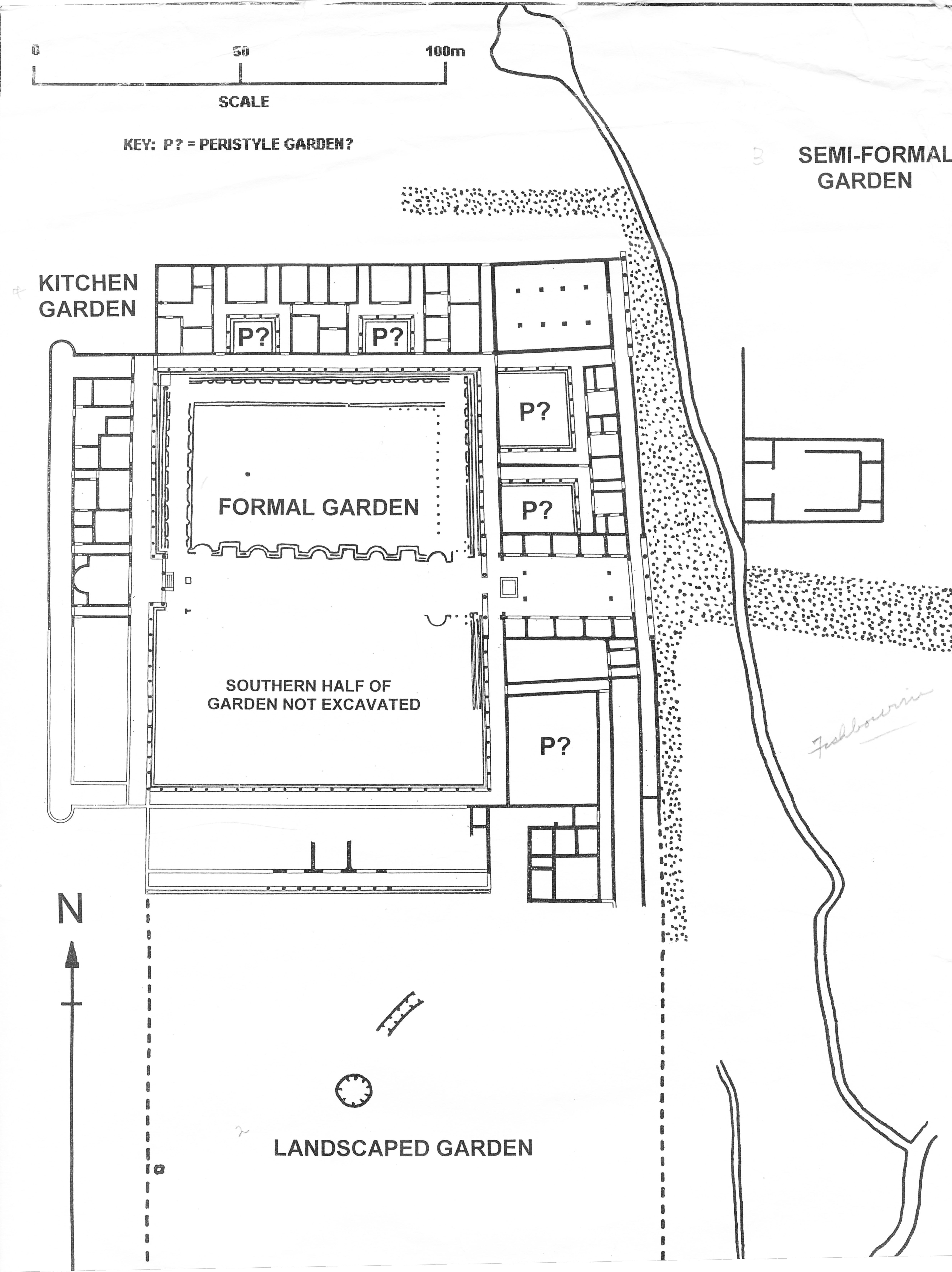 Fig. 1: Plan of the Roman Palace showing the position of the gardens. Courtesy of David Rudkin for Fishbourne Roman Palace.