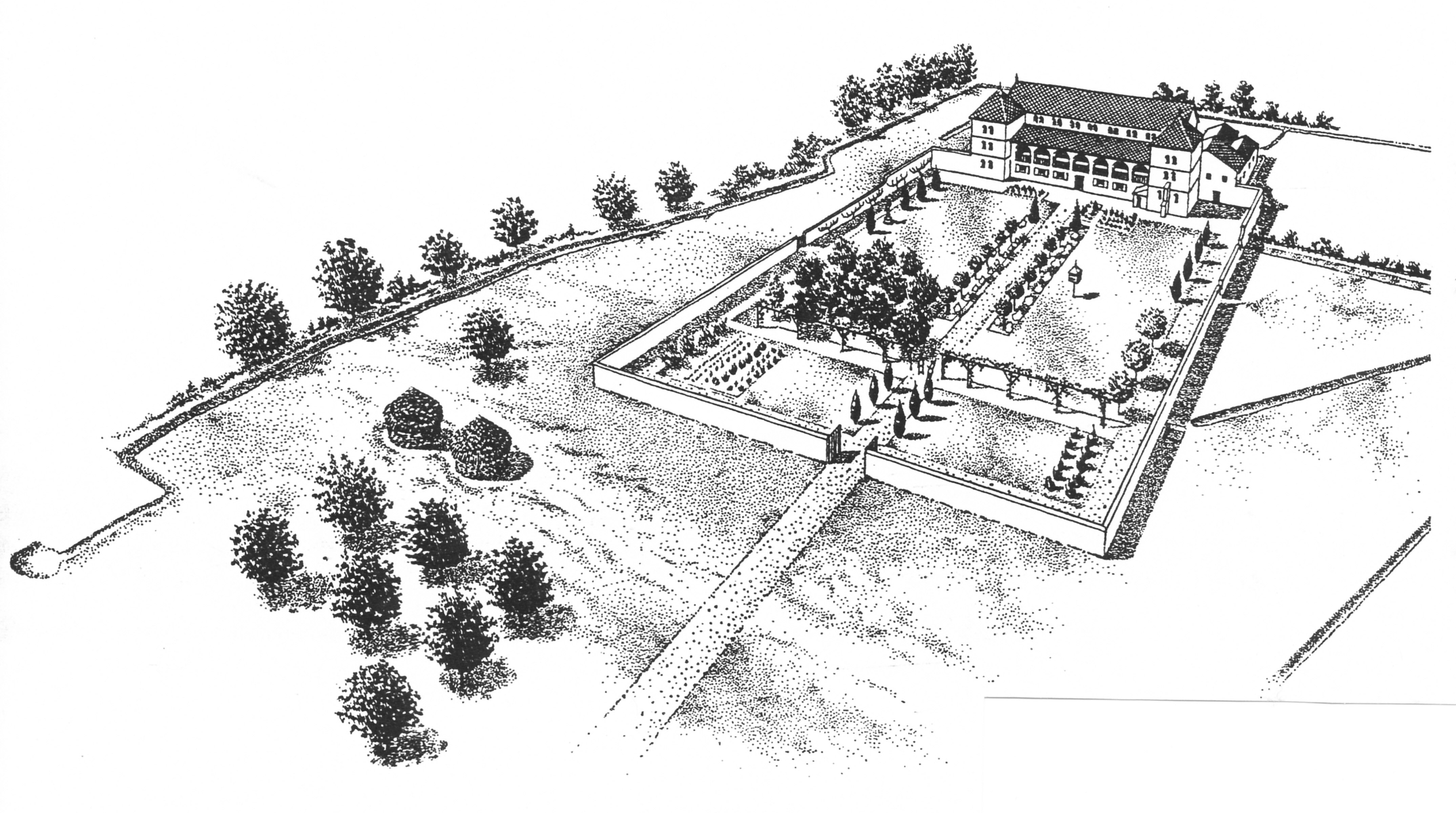 Fig. 2: Reconstruction of the villa and its garden at Frocester Court. The closest wall should be a fence. Drawing courtesy of E. Price.