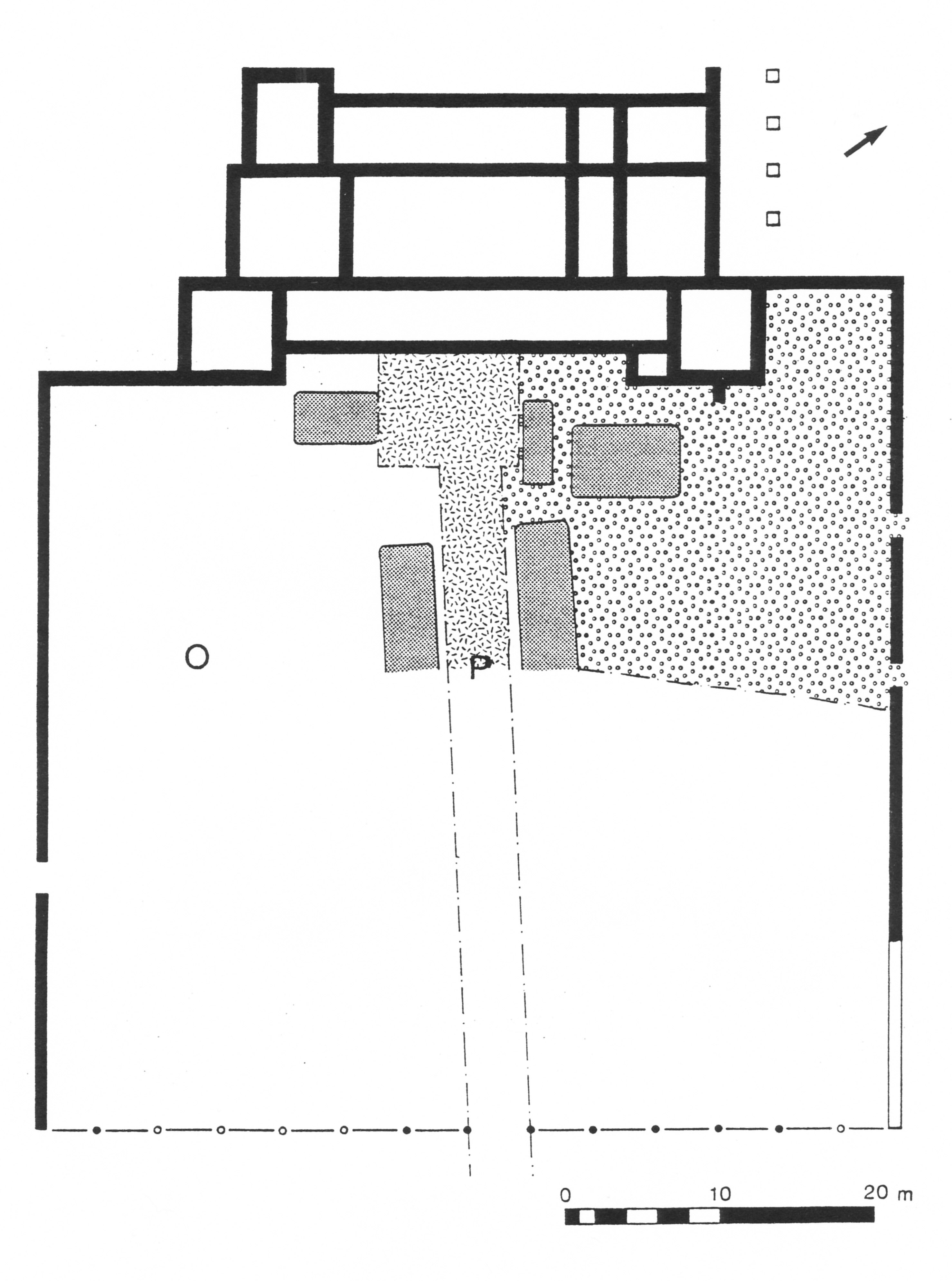 Fig. 1: Plan of the villa with its central path (P), planting beds for flowers and hedges (dark grey rectangles), a possible orchard (O) and a gravelled yard (dotted). Adapted from Zeepvat 1991, fig. 5.2.