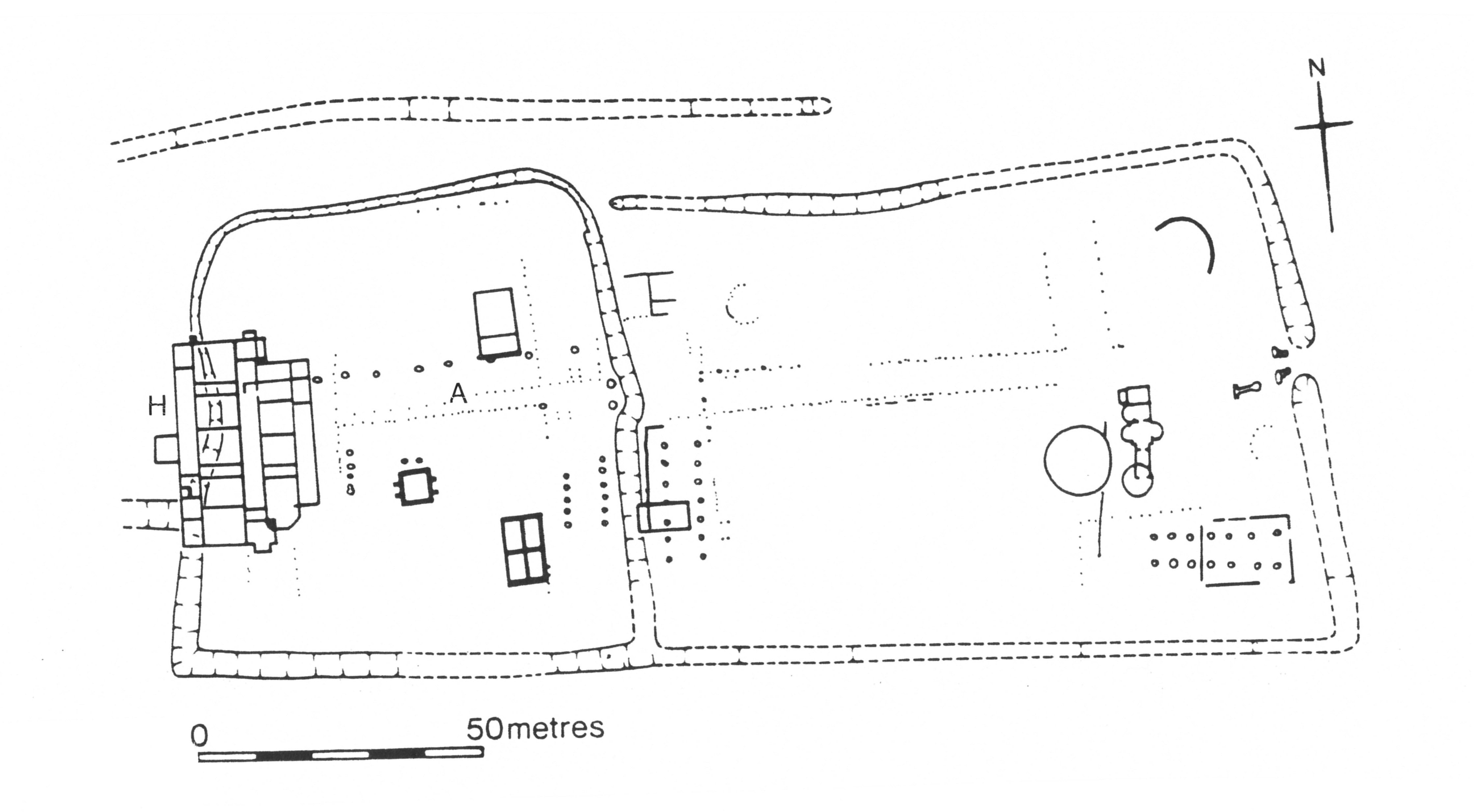 Fig. 1: Plan of the farm with two ditched enclosures surrounding the house (H) and an avenue of trees or an arbor (A) leading to it. Adapted from Neal, Wardle, and Hunn.