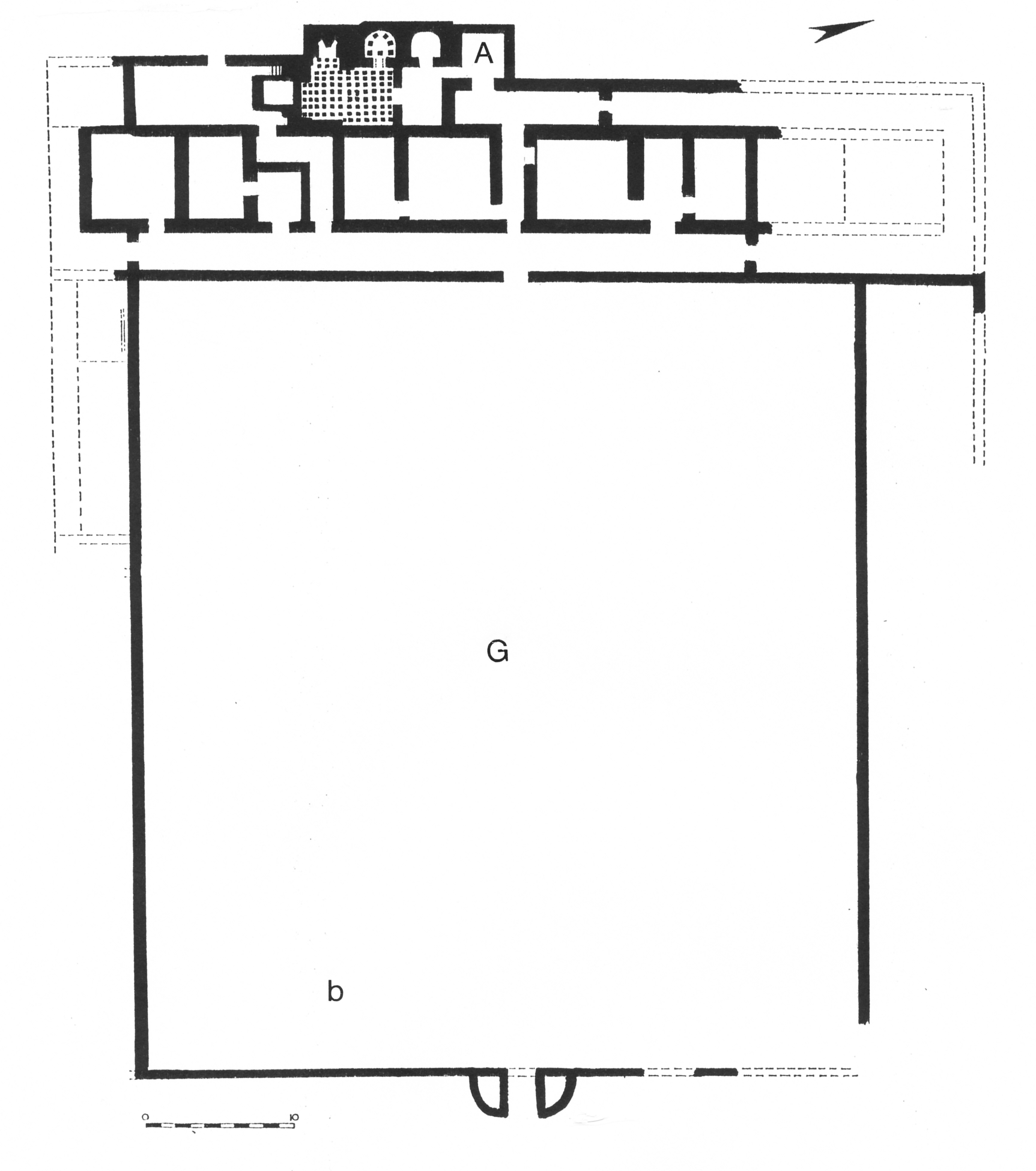 Fig. 1: Plan of the residential building (A) with excavated bedding trenches (b) in its garden courtyard (G). Adapted from Branigan 1971, fig. 20.