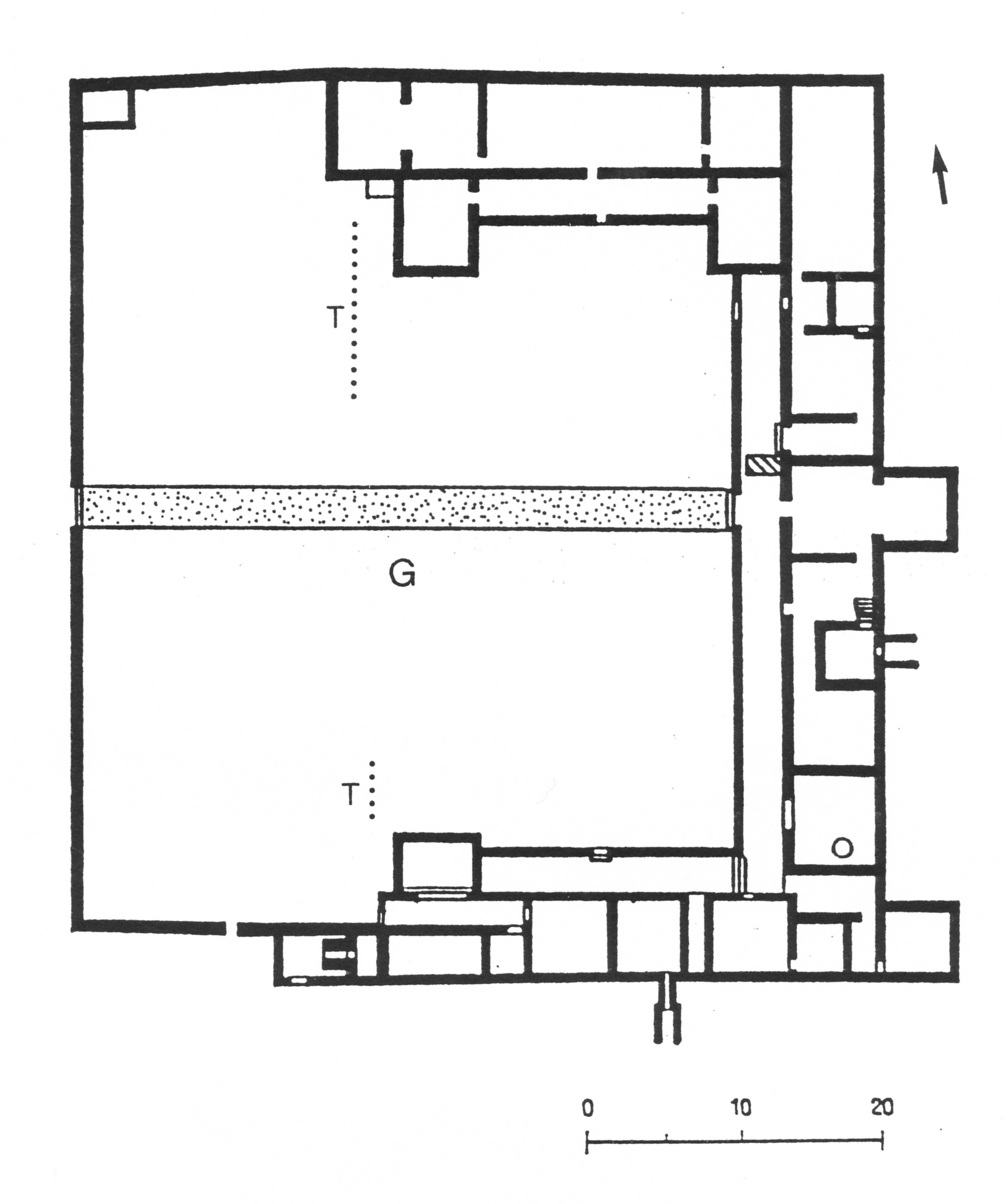 Fig. 1: Plan of the villa with a path (stippled) leading through a courtyard garden (G) and garden