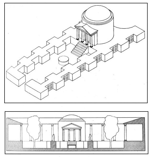 Axonometric reconstruction of the aedes Hercules Musarum and transverse section showing possible planting areas