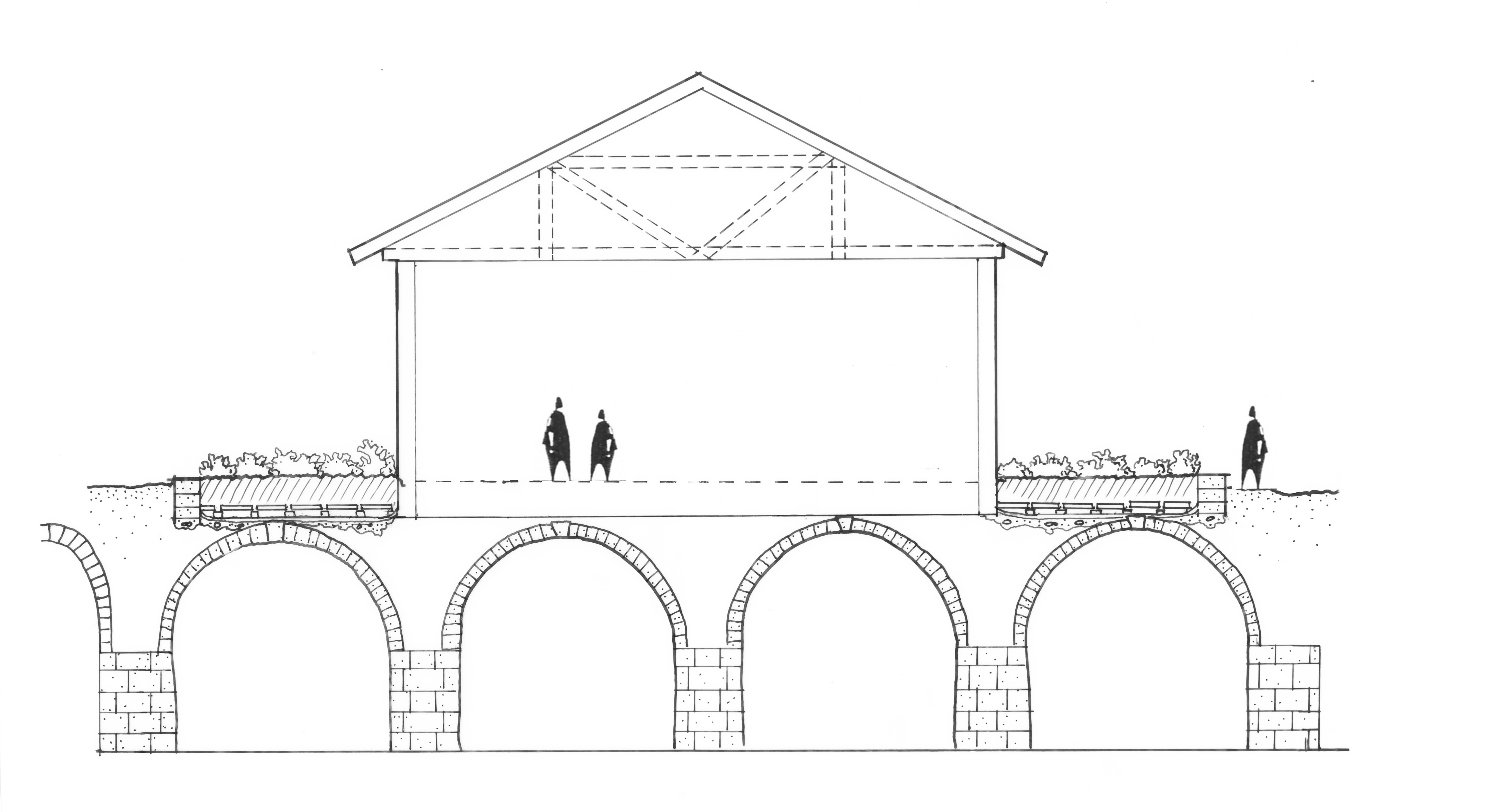 Fig. 2: Reconstructed section of vaults and planting area showing roof garden construction (E. Clemence after J. Patrich)