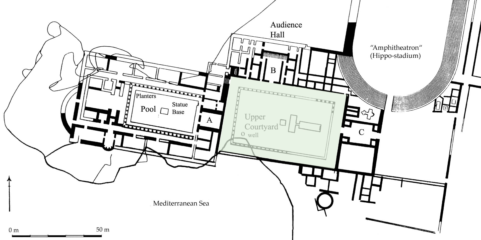 Fig. 1: Plan of the Promontory Palace (J.H. Williams and A. Iamim): a) first phase (c. 22-15 BC) ; b) second phase (c. 15-4 BC)