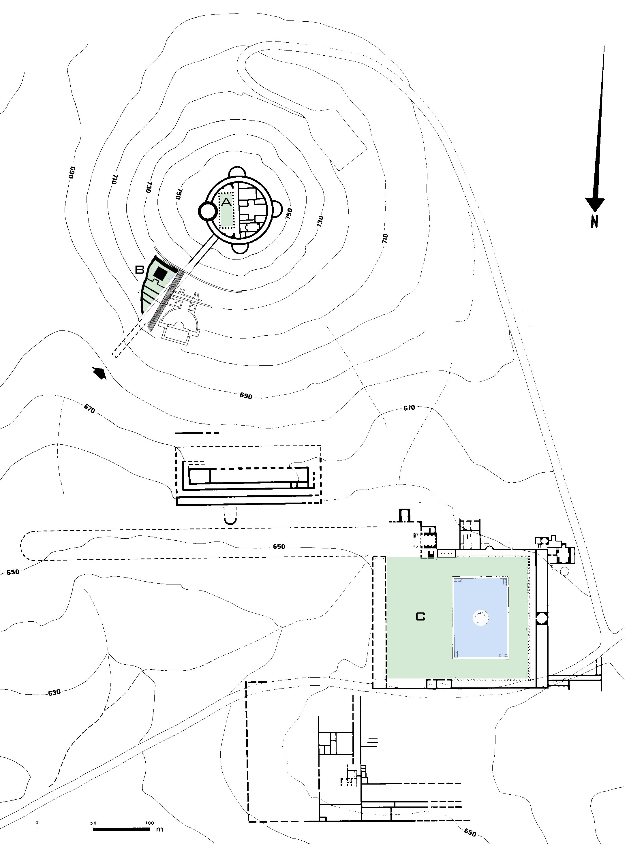 Fig. 1:Plan of the complex at Herodium showing the Fortress Palace with its small peristyle garden (A), the Tomb Garden (B) and the Lower Palace with its central pool and cultivated grounds (C) (Yaniv Korman after Netzer).