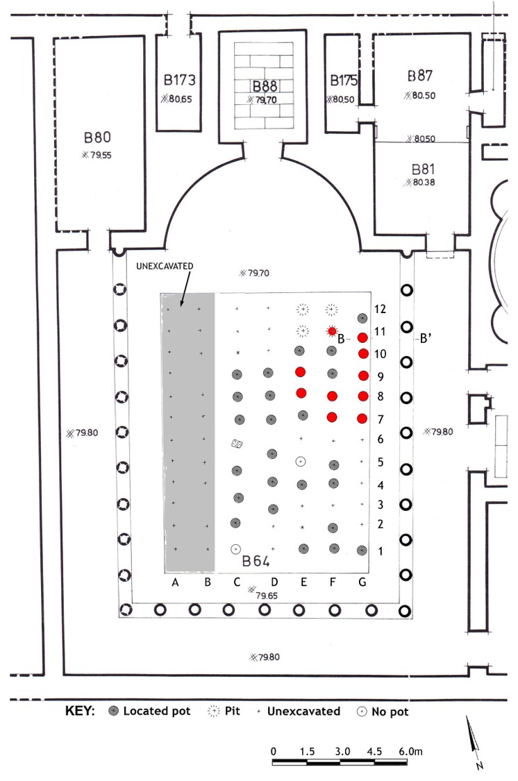 Figure 3: Plan of the Ionic Peristyle Courtyard B64 with the location of the planting pots (K. Wilczak and K. Gleason).