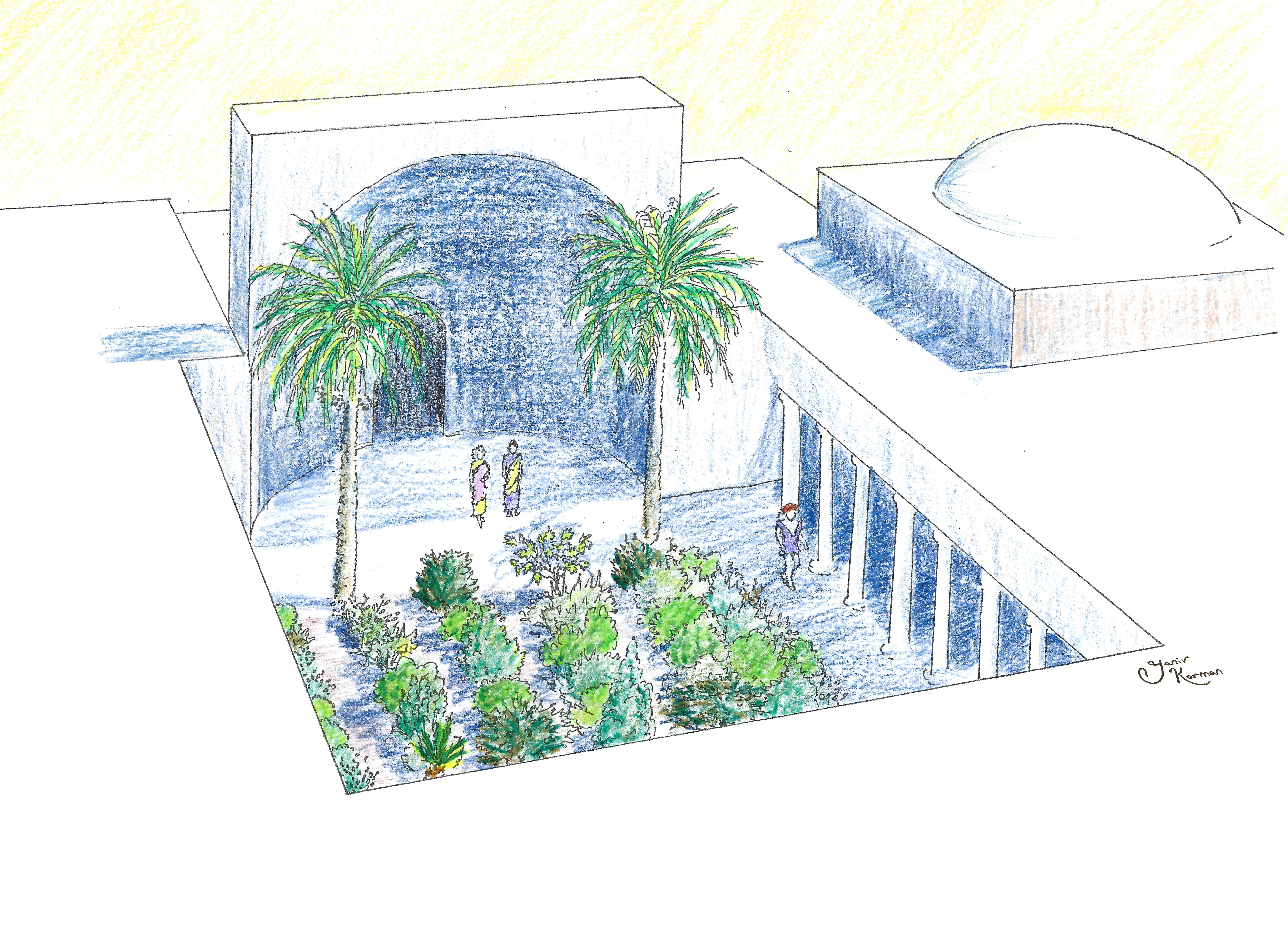 Figure 7: Axonometric reconstruction of the Ionic Peristyle Courtyard B64 with the location of the planting pots (Yaniv Korman).