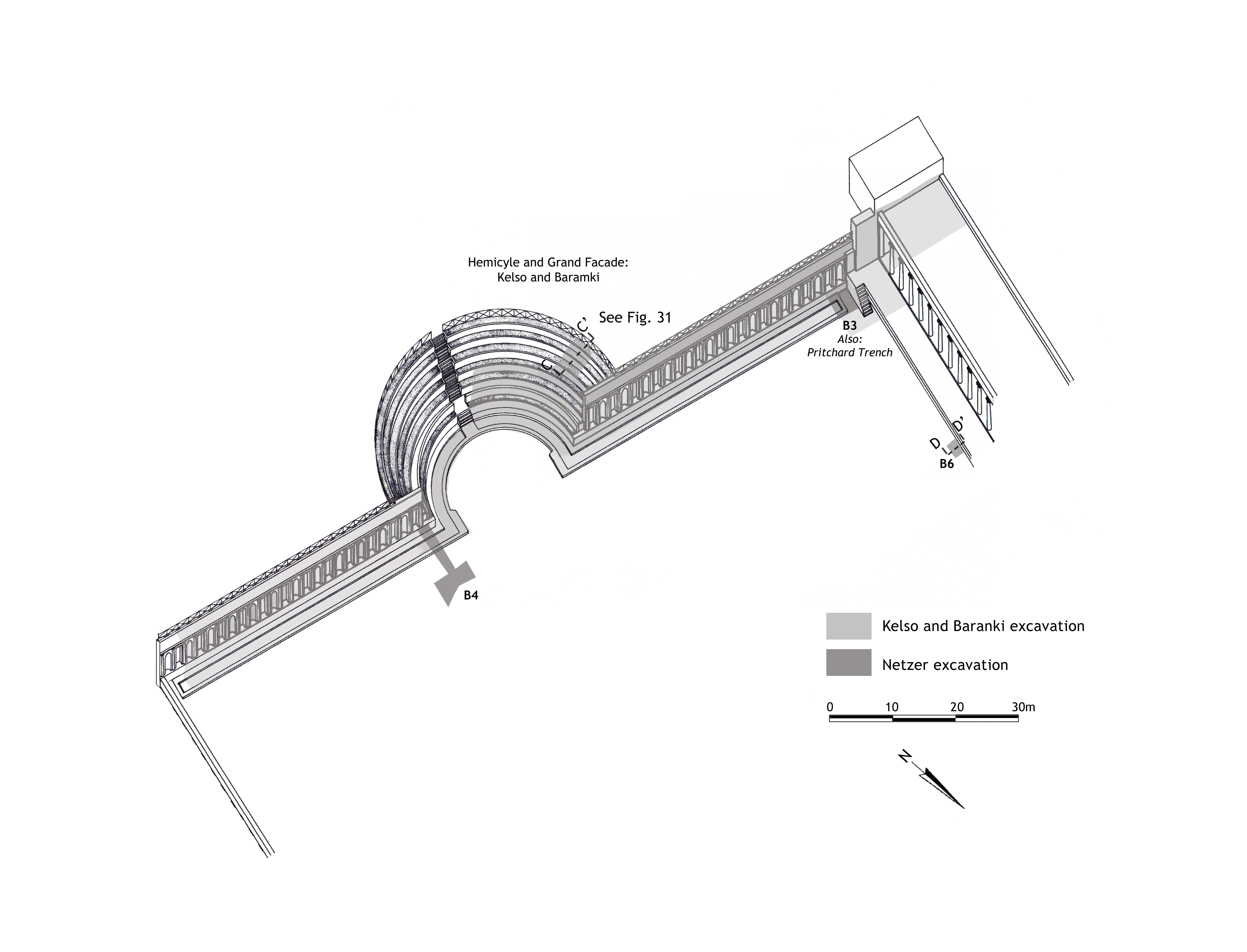 Figure 6:Axonometric reconstruction of the Hemicycle and the Sunken Garden terrace showing the excavation areas.Light shading indicates the Kelso and Baramki excavations, dark shading indicates Netzer’s excavations (K.Gleason after J. Salzberg).