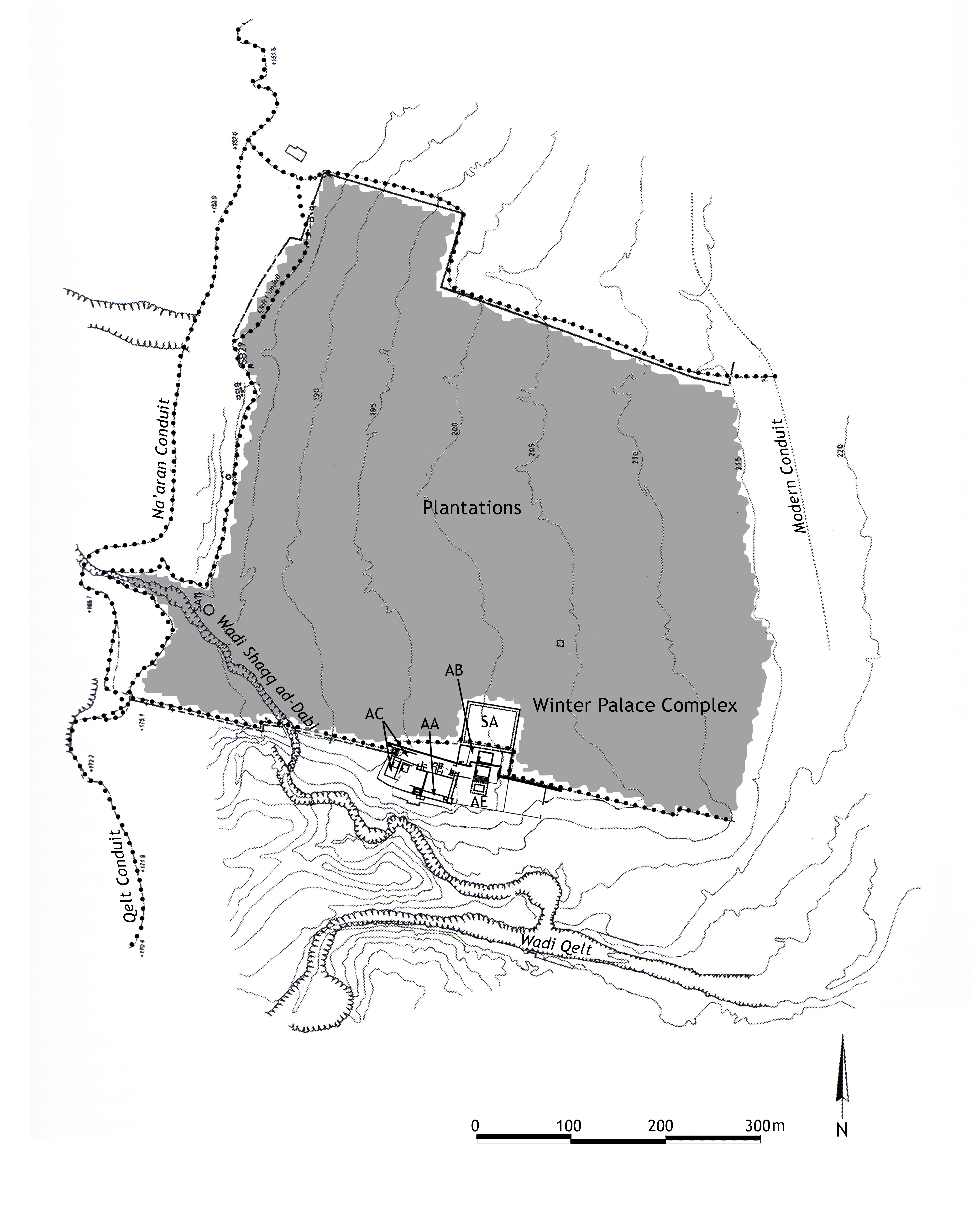 Figure 2: The plantations and Hasmonean palace buildings, Area AA represent the location of the  buried Palace.(K. Wilczak and K. Gleason, after Netzer 2001a: Plan 4; Netzer and Laureys-Chachy 2004: Plan 2) 