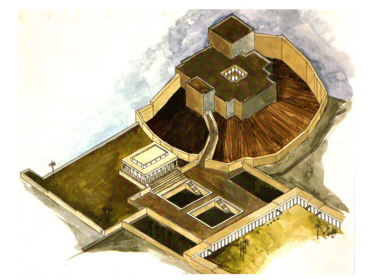 Figure 3:Axonometric reconstruction of the Hasmonean palace and cultivated areas (Netzer 1999).