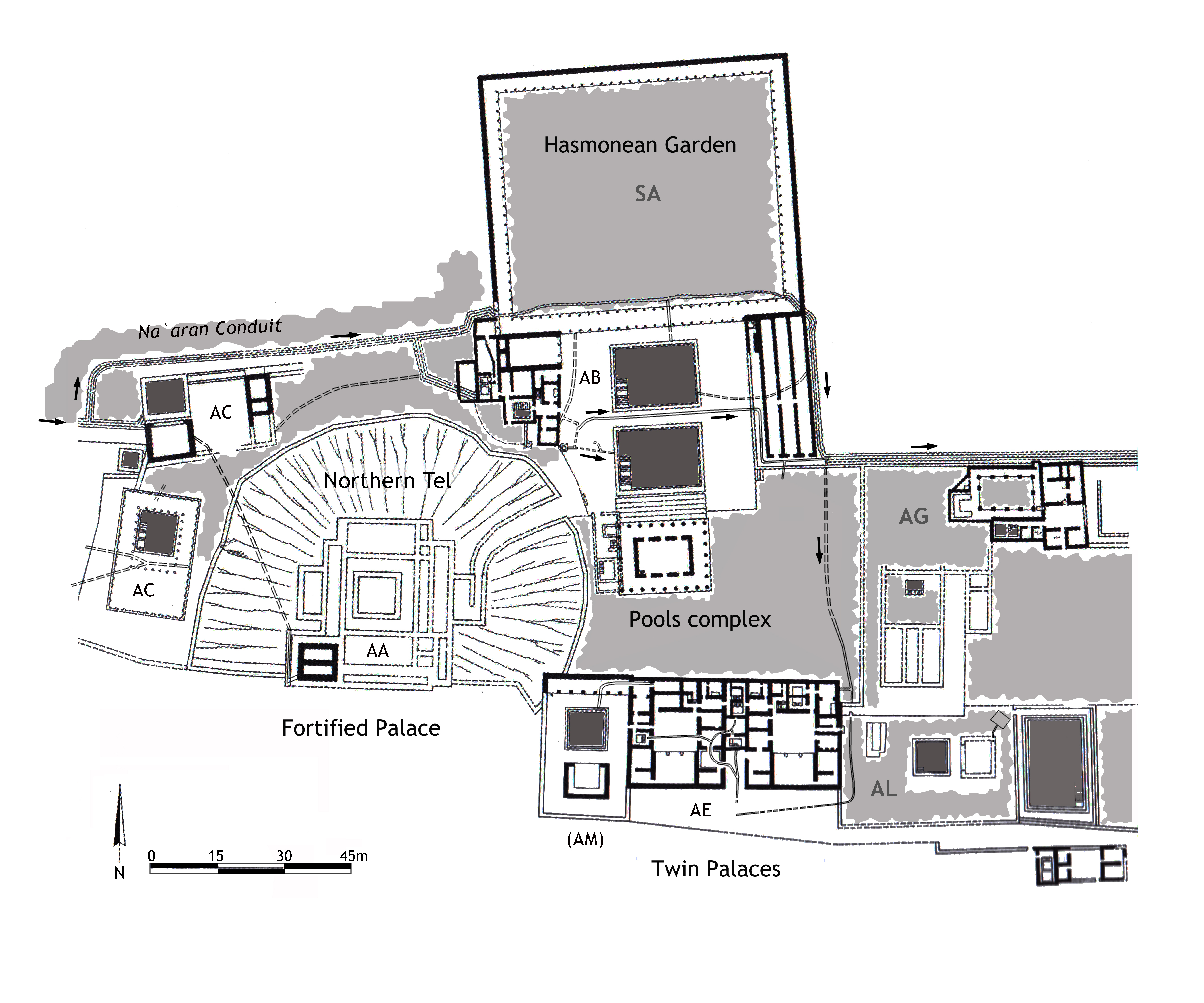 Figure 3:Plan of the later Hasmonean palaces and their gardens. Light gray shading indicates gardens, dark gray shading indicates pools (Gleason after Netzer 2001a: Plan 8)