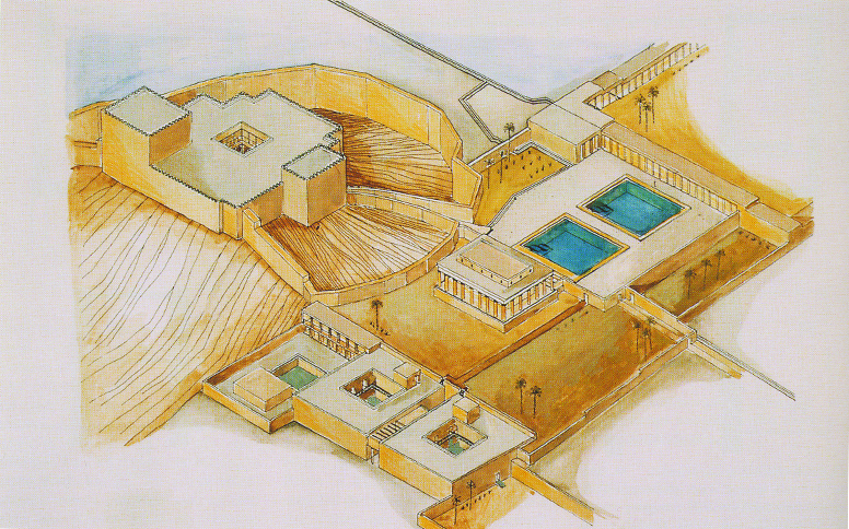 Figure 4: Axonometric reconstruction of the Hasmonean palace  prior to the earthquake of 32 BCE. (Netzer 1999)