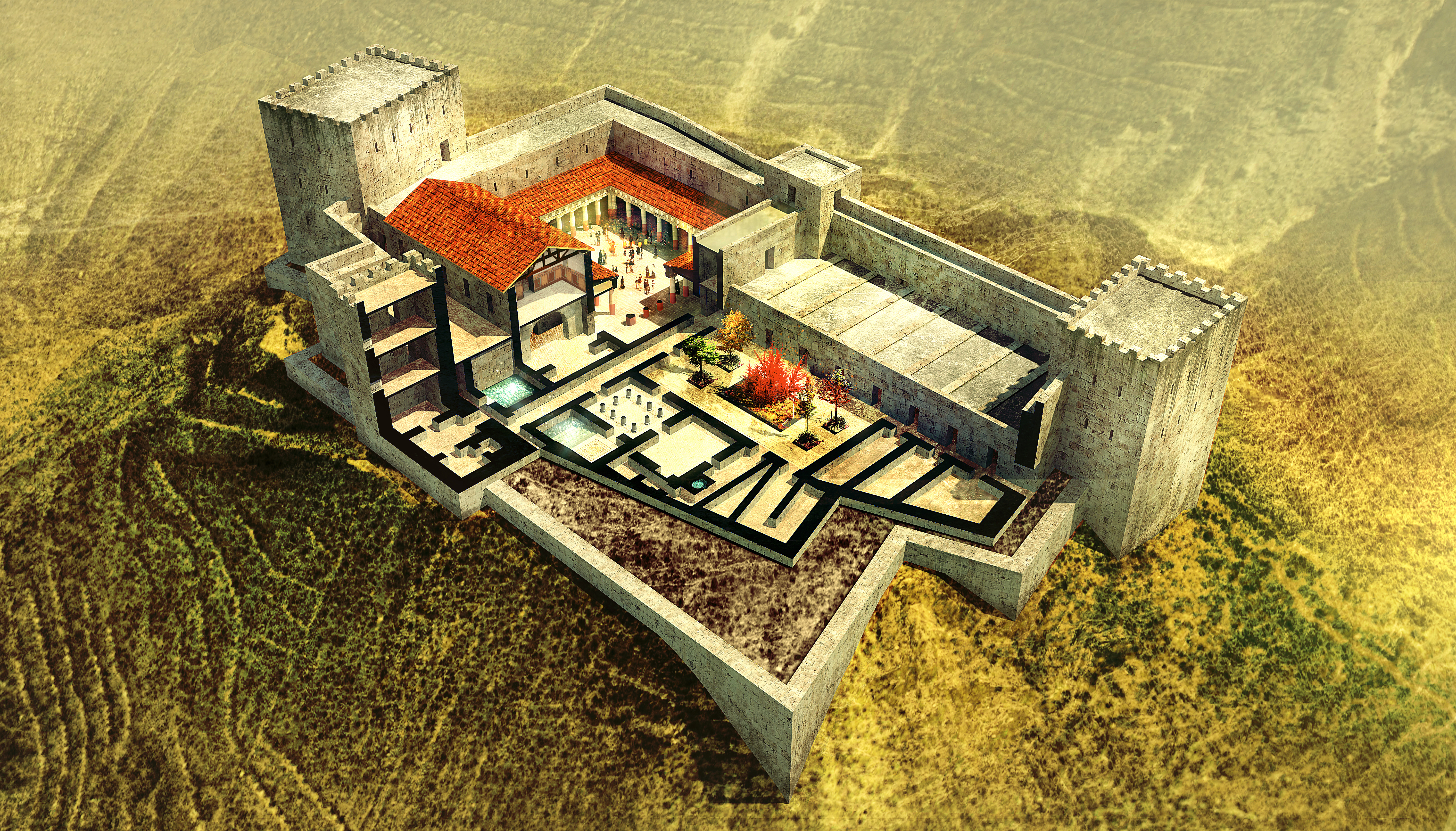 Figure 3: Cutaway bird’s eye view of the Herodian fortified royal palace from the south. This theoretical reconstruction is superimposed on an aerial photograph by David Kennedy..